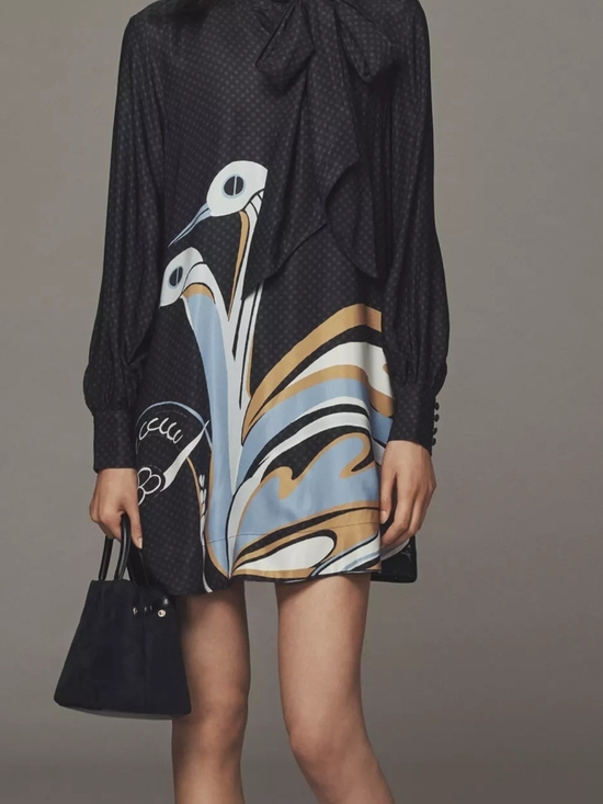 Maeve Dresses & Skirts - Maeve Black Mini Dress with Blue and Gold Swirl Print